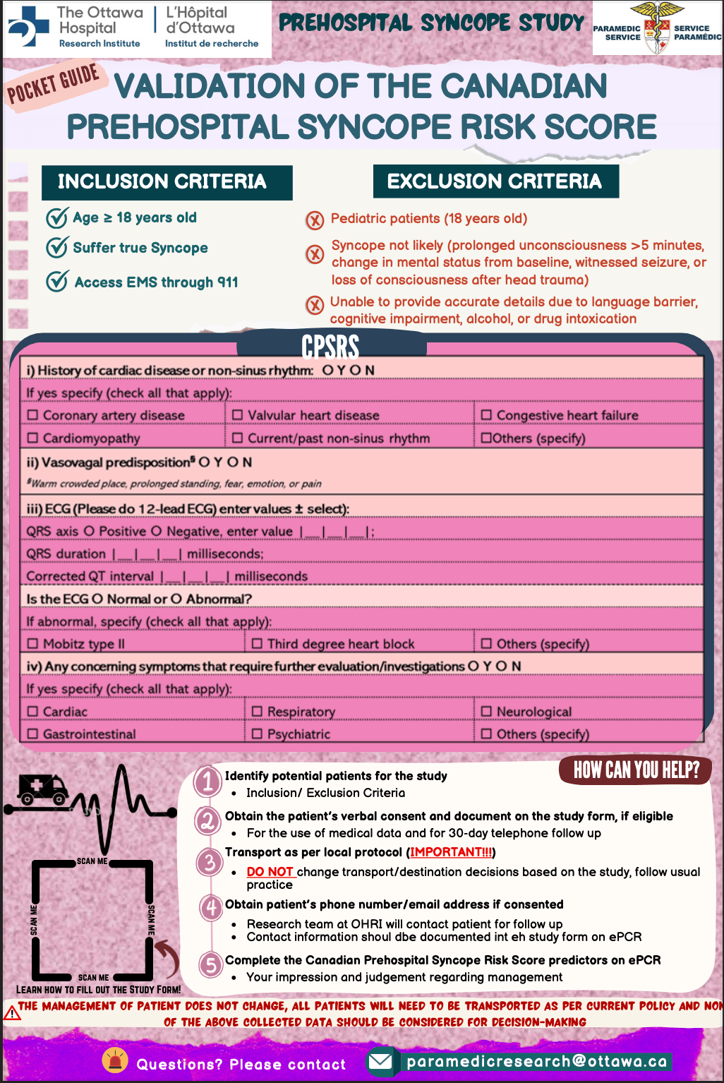 Validation of the Canadian Prehospital Syncope Risk Score - Pocket Guide