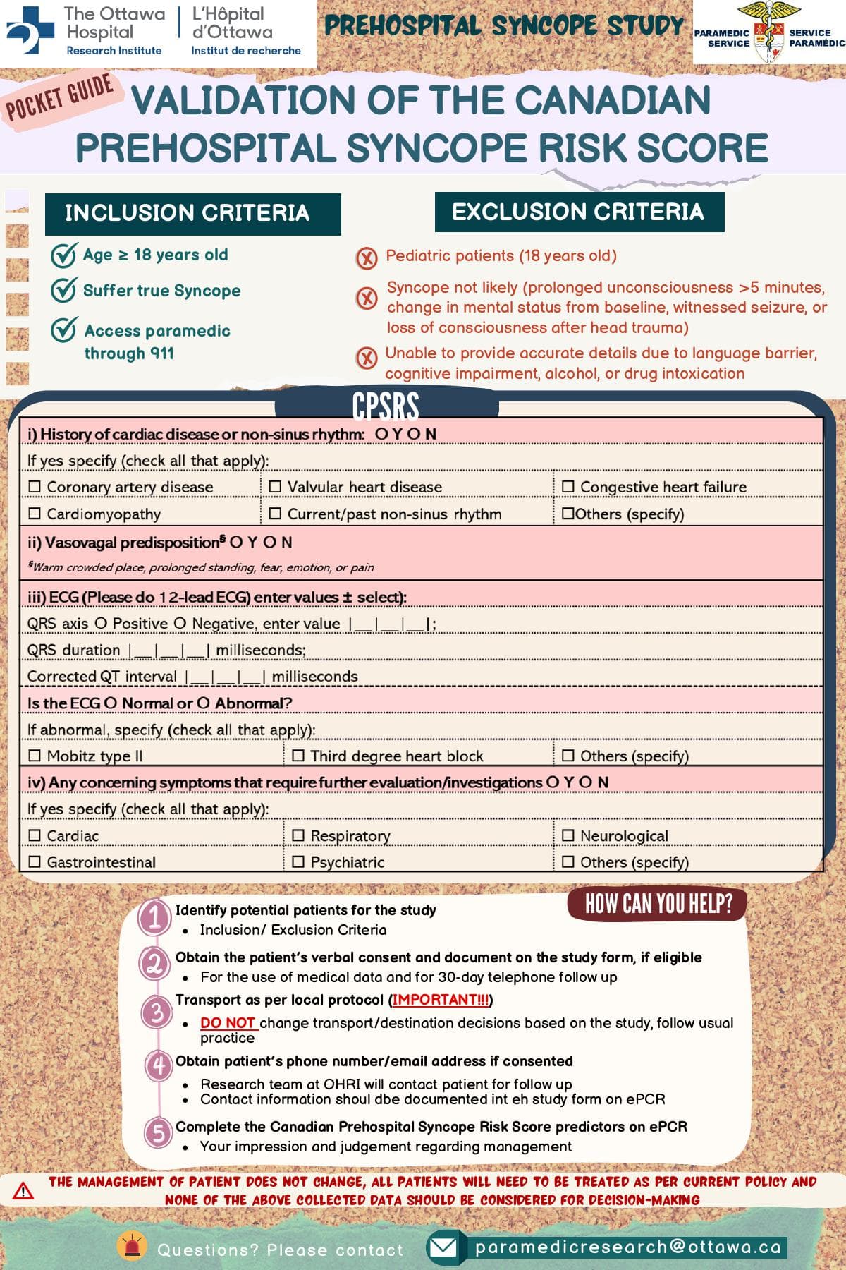 Validation of the Canadian Prehospital Syncope Risk Score - Pocket Guide